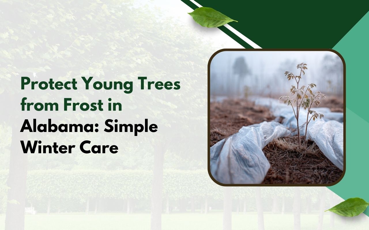 Frost cloth covering a sapling to Protect Young Trees from Frost in Alabama on a cold night.