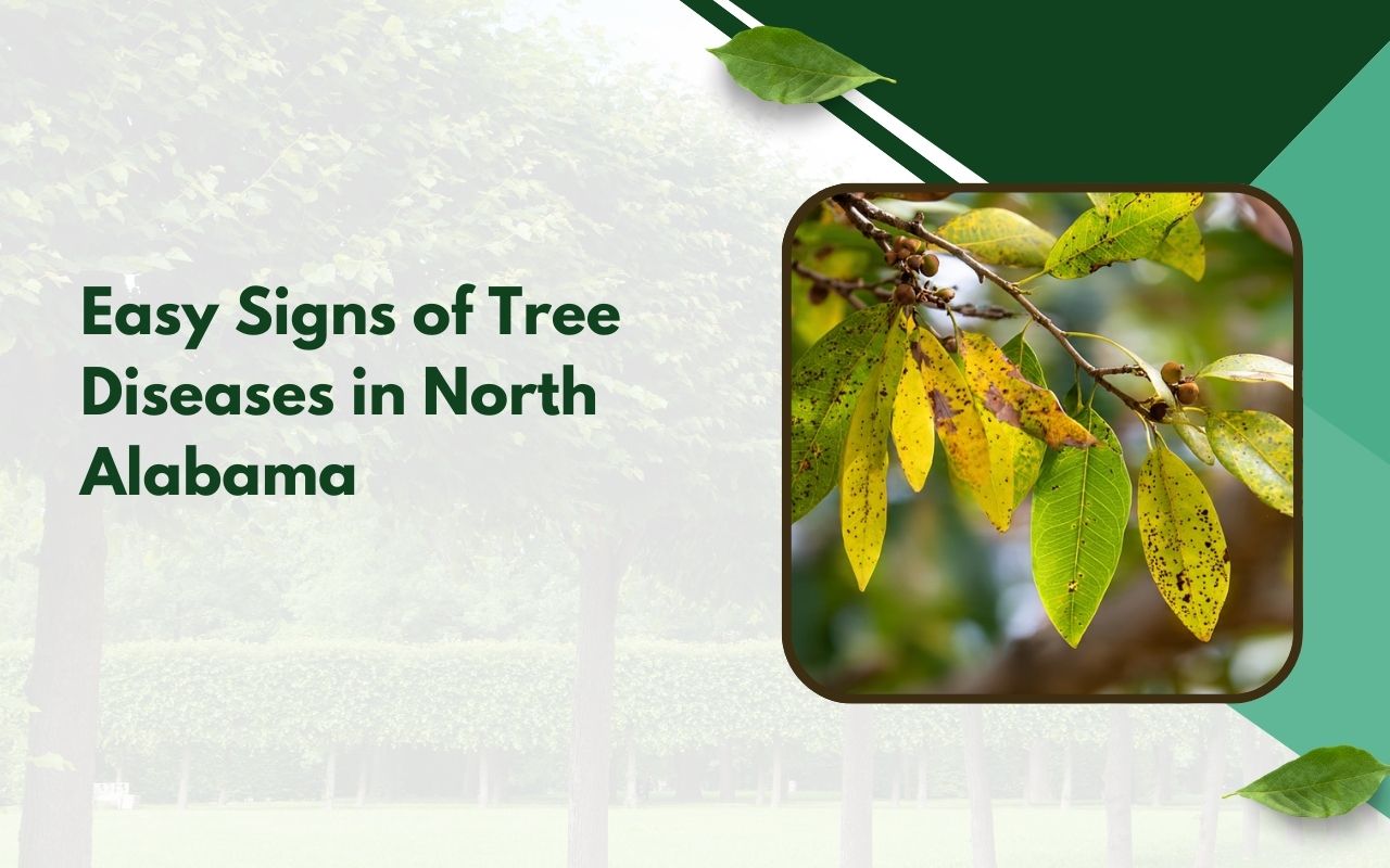 Signs of tree diseases in North Alabama shown by spotted and yellowing leaves on a backyard tree