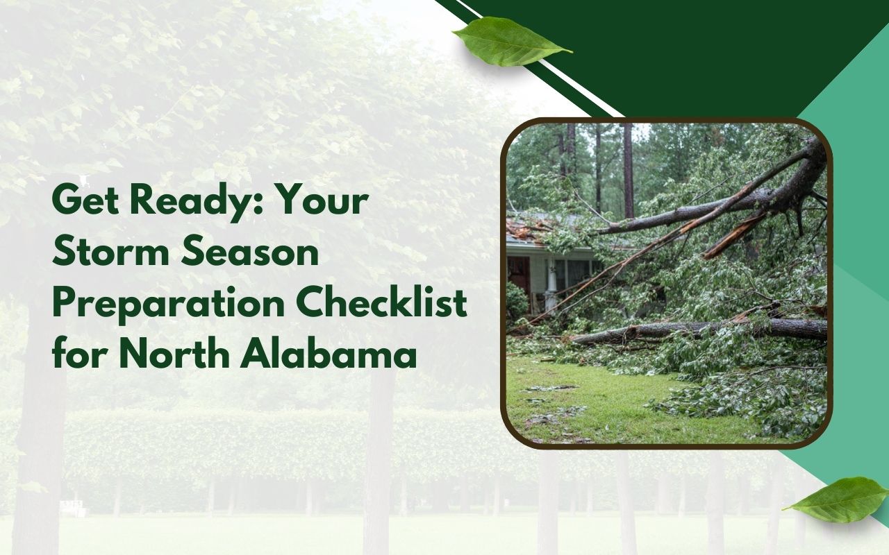 Storm season preparation checklist in North Alabama with a homeowner inspecting trees in the yard
