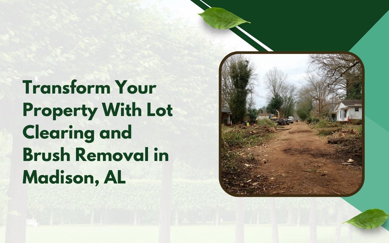 Improved drainage after lot clearing and brush removal in Madison, AL with cleared runoff paths.