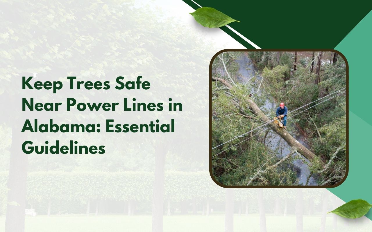 Tree safety around power lines in Alabama with proper safe clearance near overhead wires.