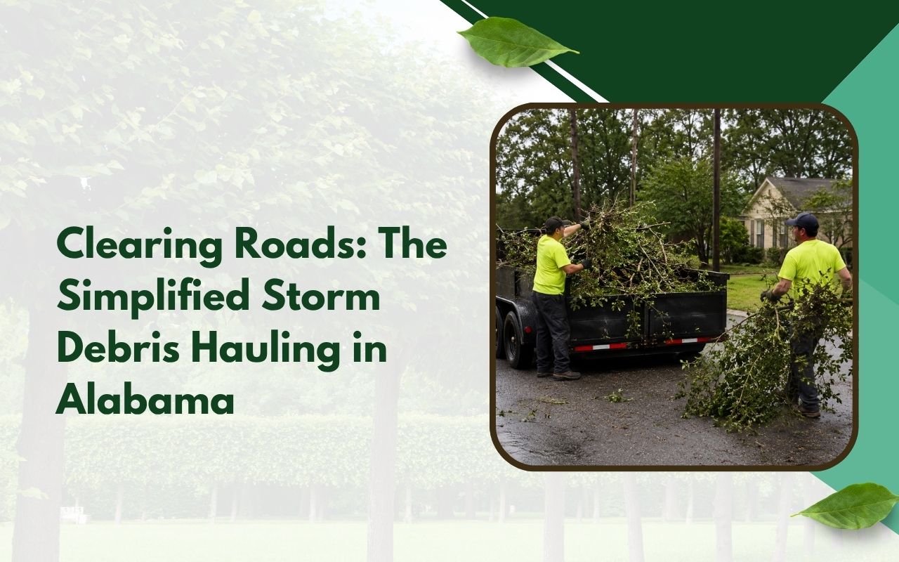 Crew hauling storm debris from a residential road in Alabama
