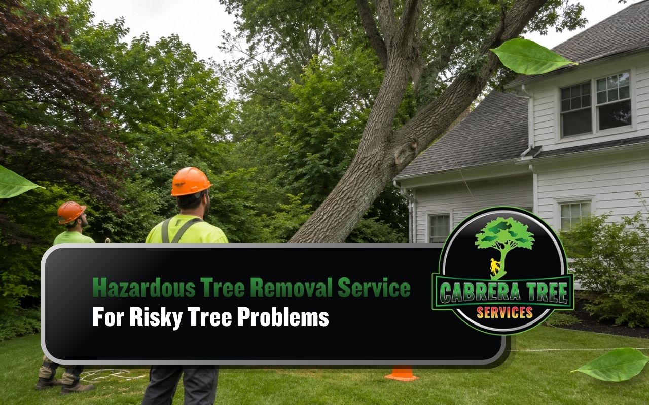 Hazardous tree removal service for a leaning tree near a home