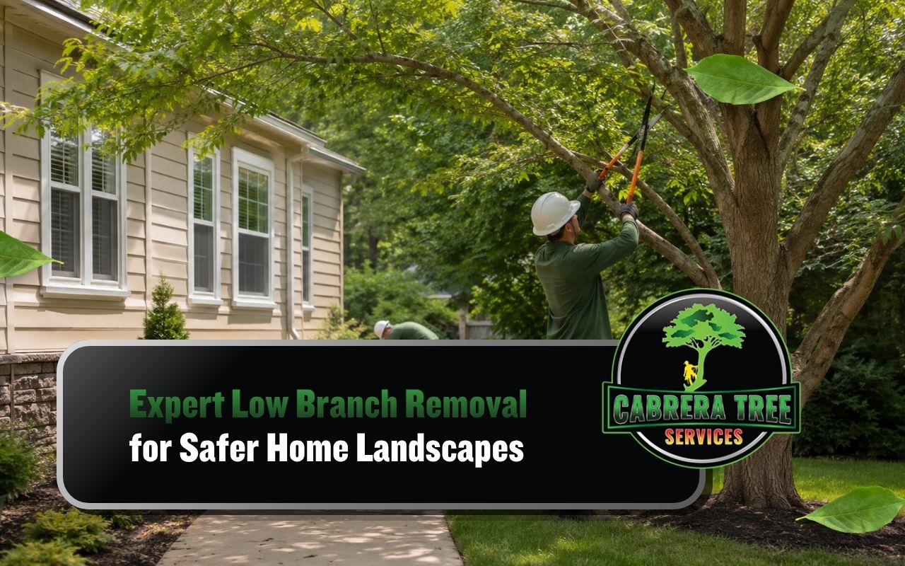 Low branch removal creating cleaner walkways around a home