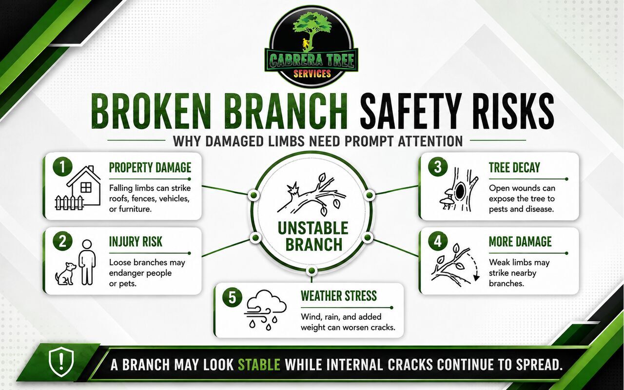 Broken branch safety infographic showing risks to people, pets, property, nearby limbs, and tree health.