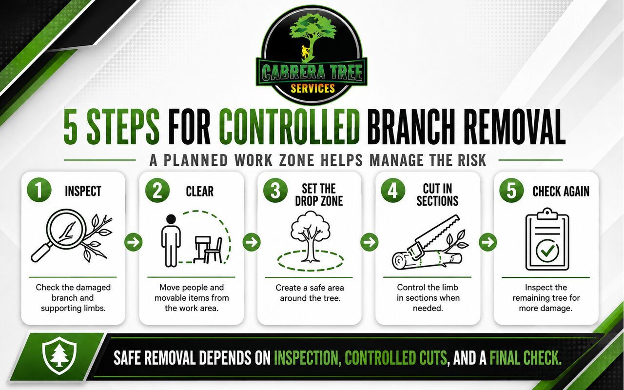 Five-step controlled branch removal process covering inspection, work-area clearing, drop-zone setup, sectional cutting, and final checks.