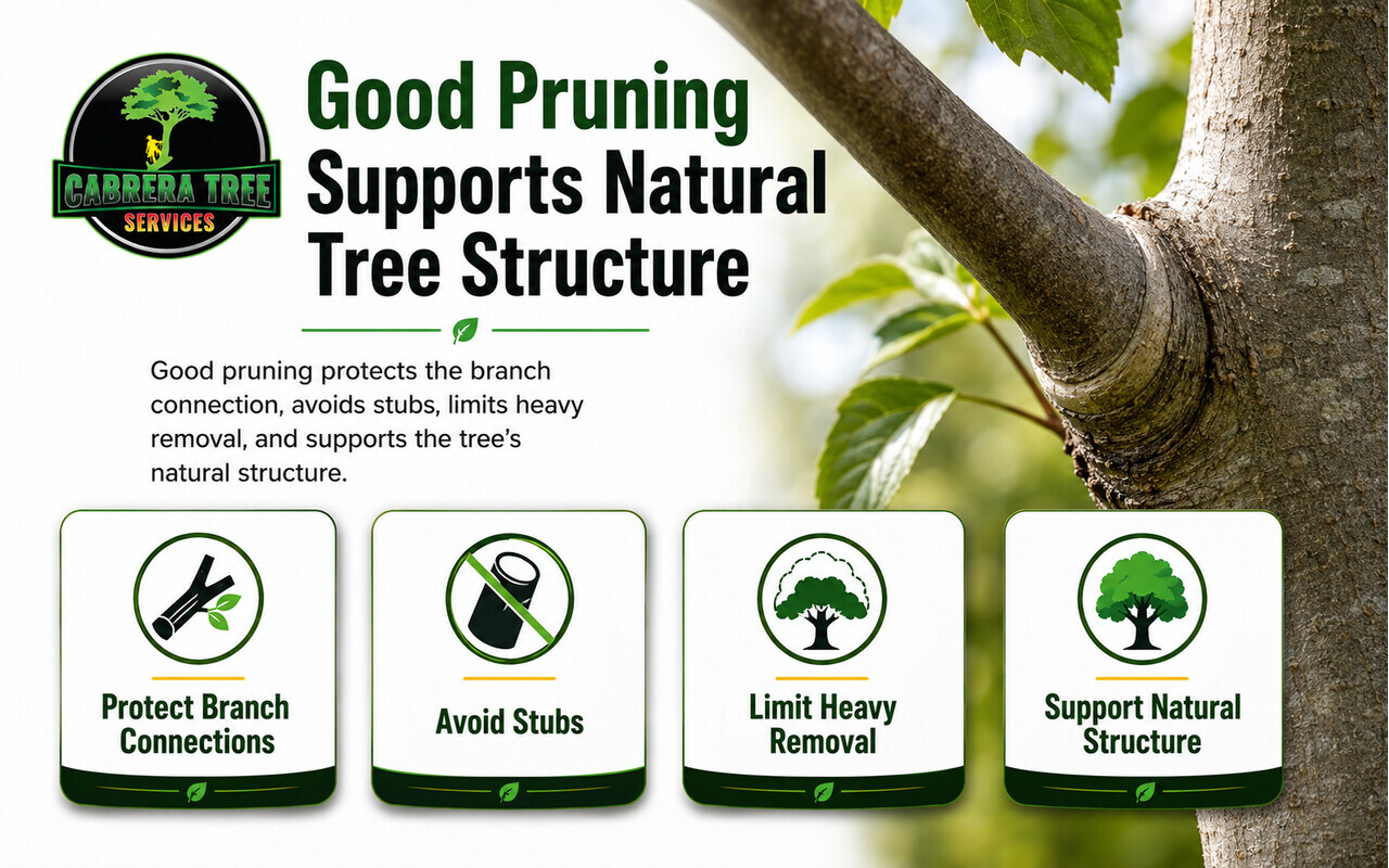 Good tree pruning practices that protect branch connections, avoid stubs, limit heavy removal, and support natural