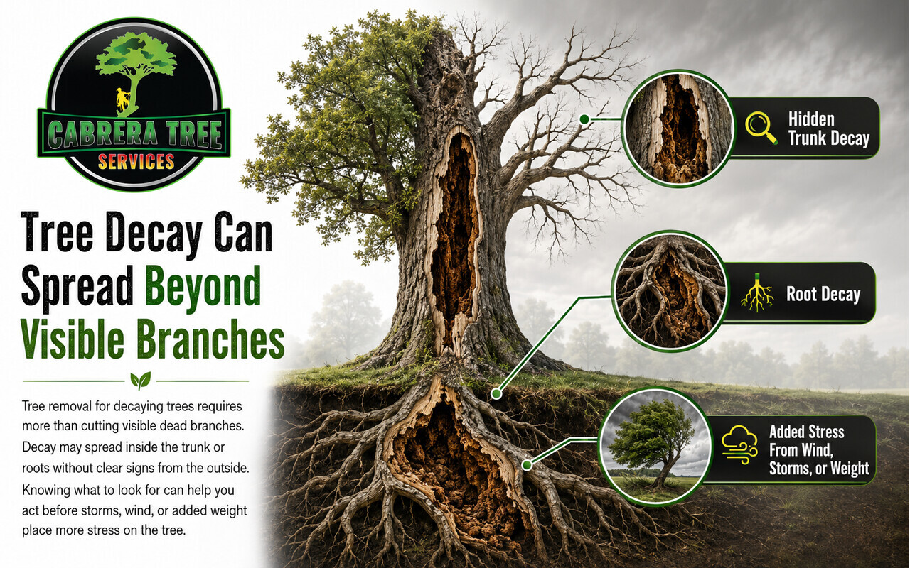 Decaying tree showing hidden trunk and root damage that may worsen under wind, storms, or added weight.