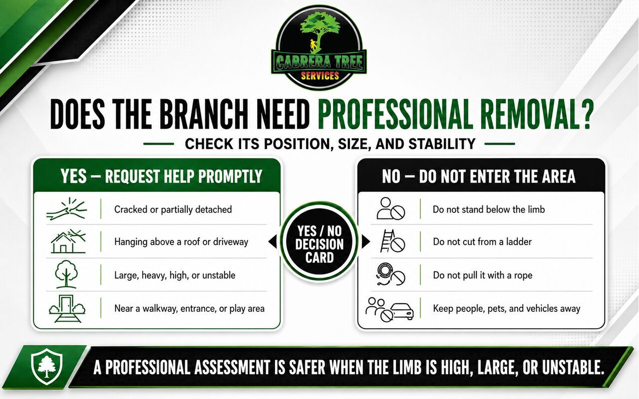 Decision card explaining when a damaged branch requires professional removal and which unsafe actions to avoid.