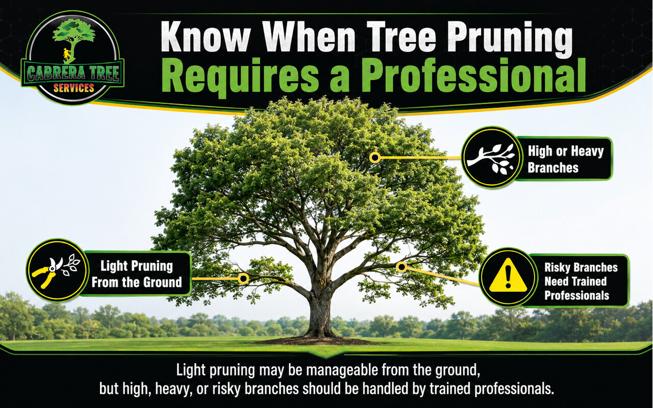 Mature tree showing which light branches may be pruned from the ground and which high, heavy, or risky branches require