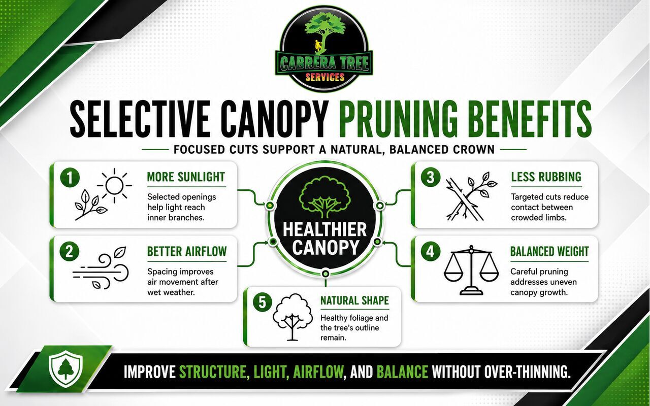 Selective canopy pruning benefits infographic covering sunlight, airflow, branch spacing, balanced weight, and natural tree shape.