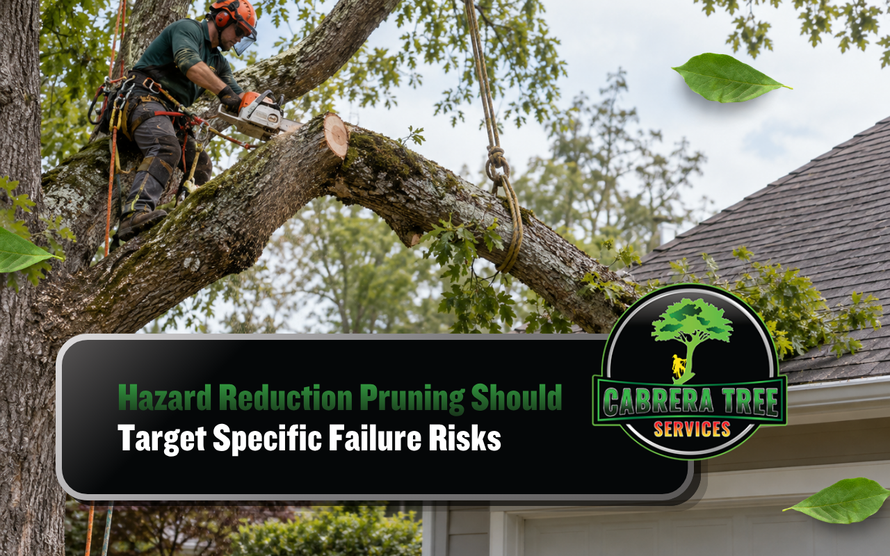Hazard reduction pruning removing a dangerous branch near a structure